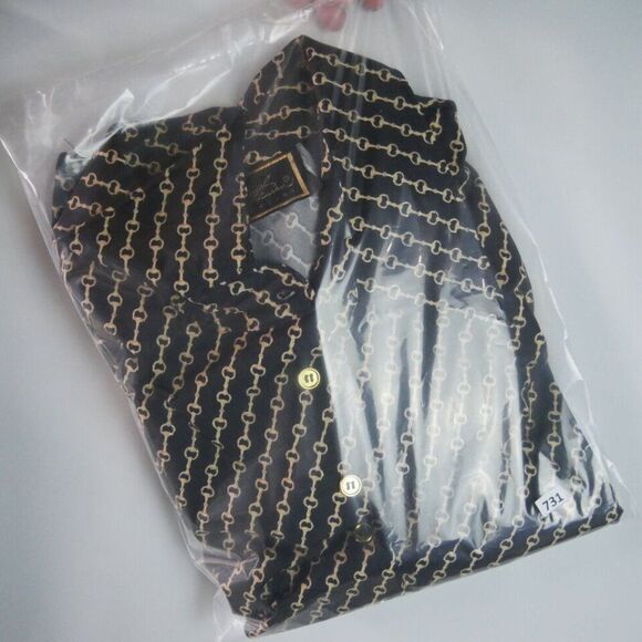 Diane Gilman Women's Size Large Blouse Button Down Black Golden Chain Print - Picture 12 of 12